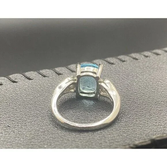Emerald Cut Lab Blue Topaz Ring  CZ  Accents Size 5.75 3.4 grams Silver Plated - Picture 5 of 8